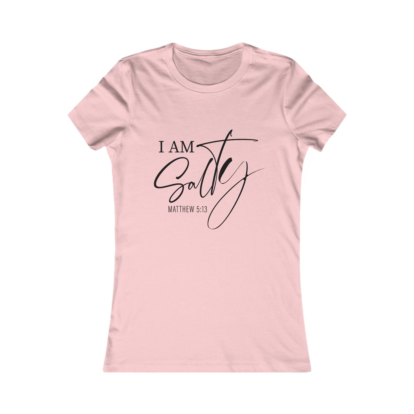 Funny nautical tee in light pink with 'I Am Salty Matthew 5:13' text, perfect lightweight cotton shirt for beach lovers and coastal style.