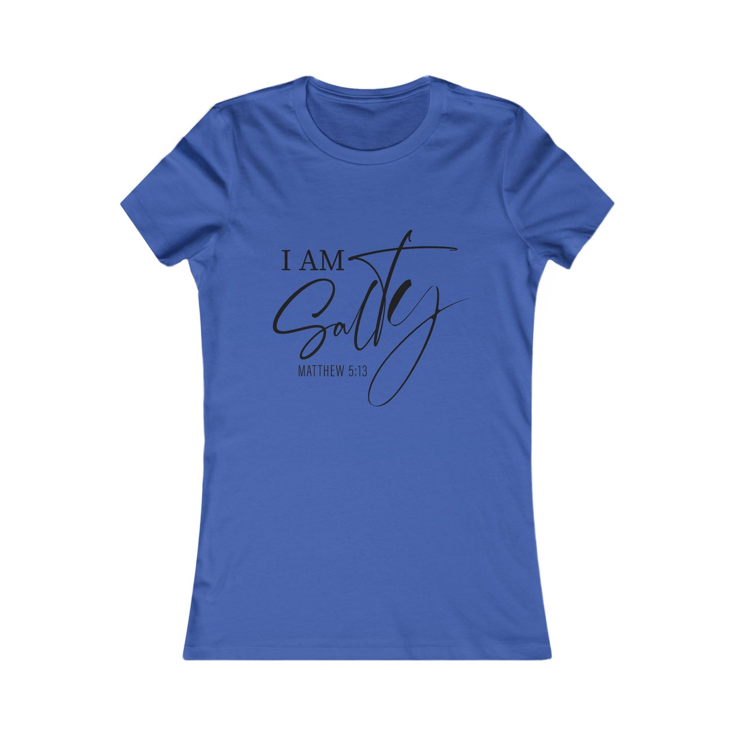 Royal blue cotton tee for women with 'I Am Salty' script, a humorous and faith-inspired shirt for tropical getaways or surf and sand days.