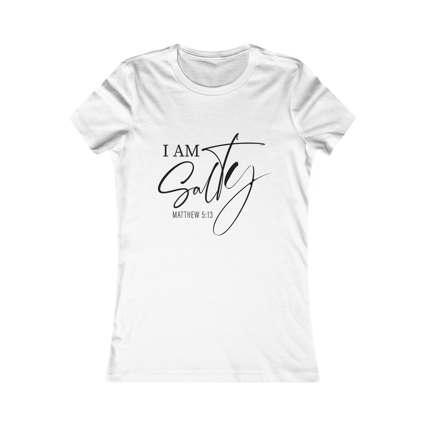 White women's tee with 'I Am Salty Matthew 5:13' in black script, ideal for summer beachwear or faith-based casual outfits.