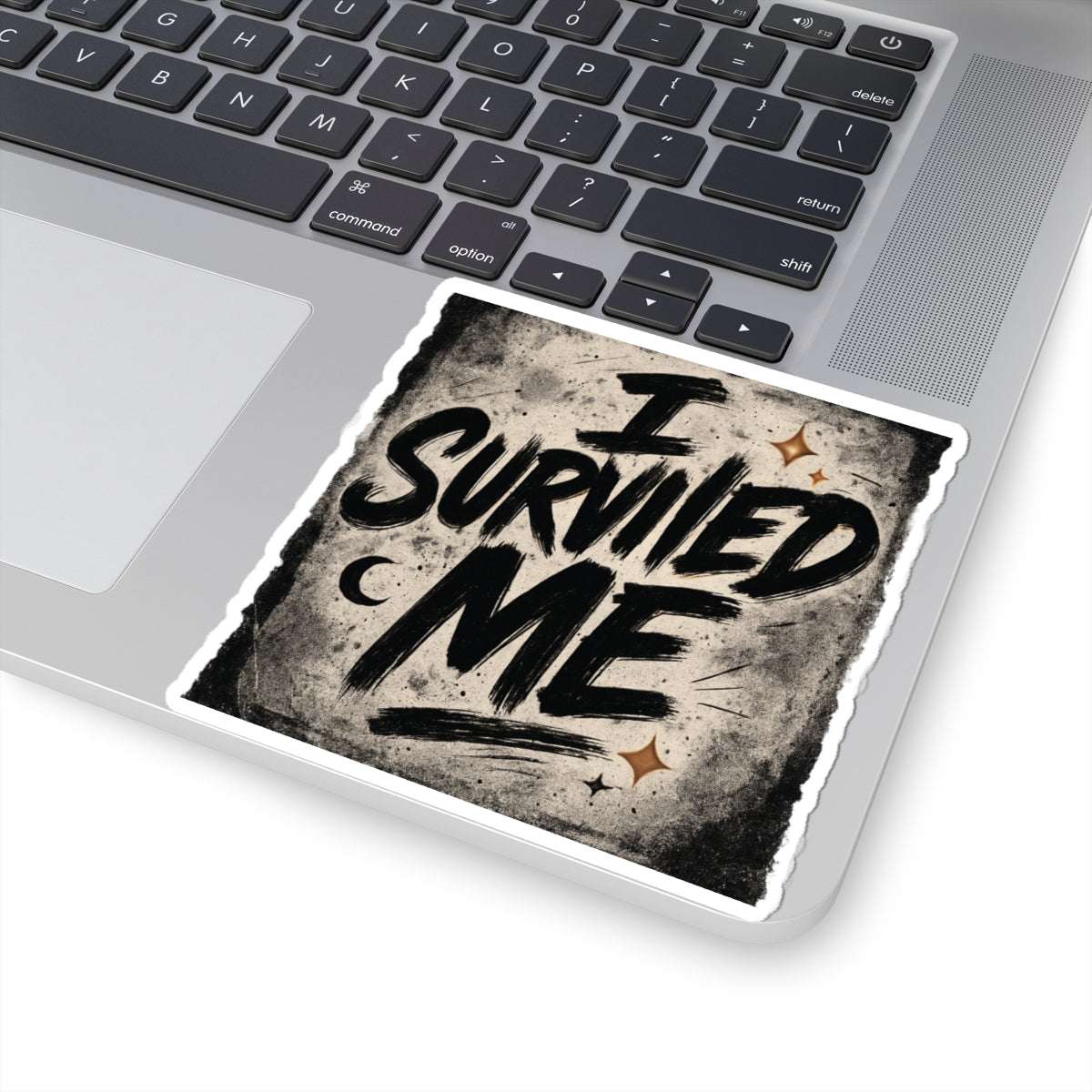 Grunge-style 'I Survived Me' sticker on a laptop corner, ideal for expressing resilience and self-love through personal items.