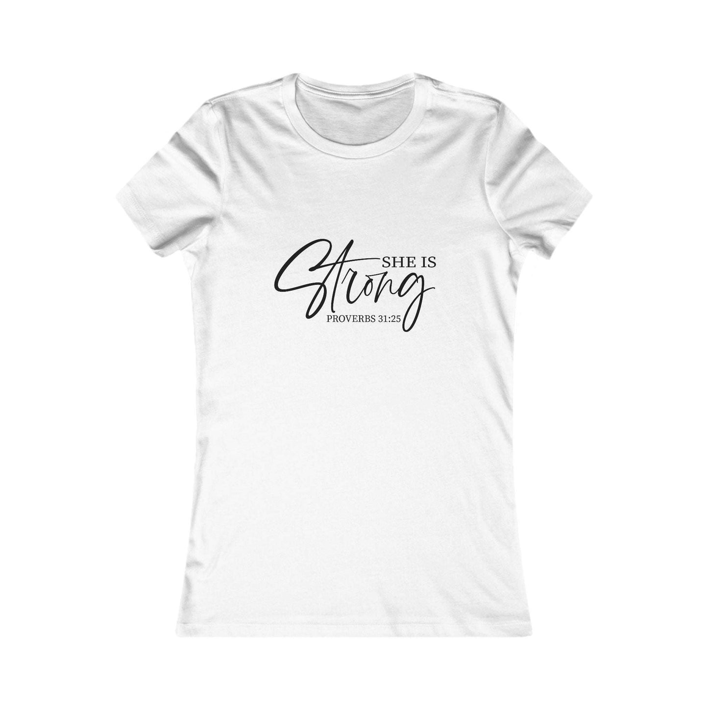 White Proverbs 31 “She Is Strong” women’s tee with black script text, Christian inspirational shirt for faith-based fashion.