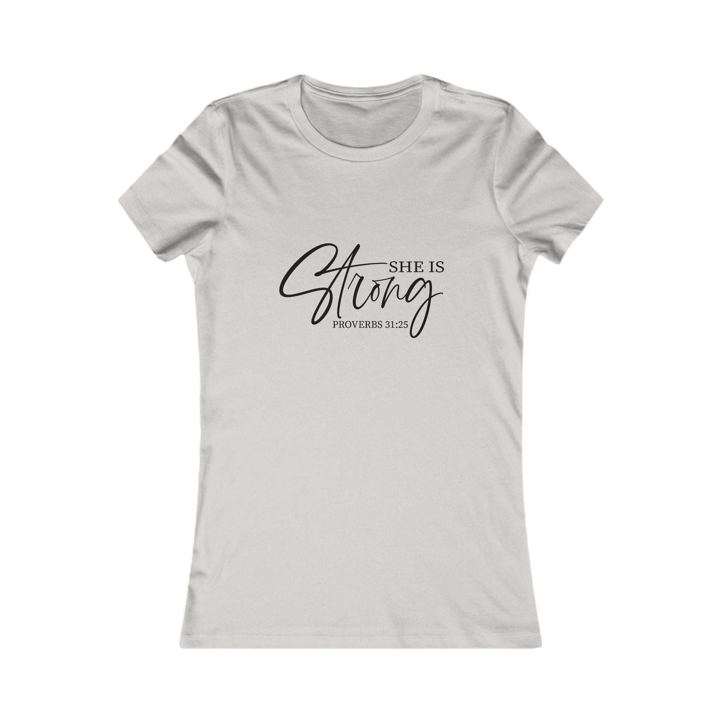 Light beige Proverbs 31 “She Is Strong” Christian women’s t-shirt, soft and stylish faith-based apparel for everyday wear.