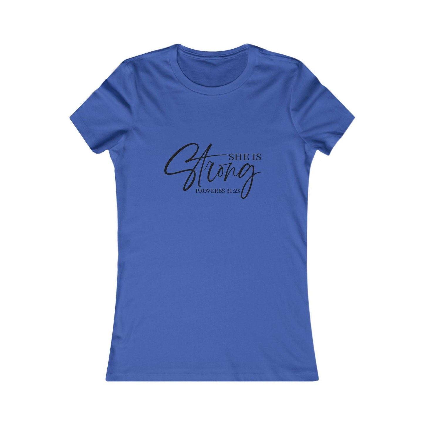 Royal blue Proverbs 31 “She Is Strong” Christian women’s shirt with bold scripture design, ideal for spiritual encouragement and style.