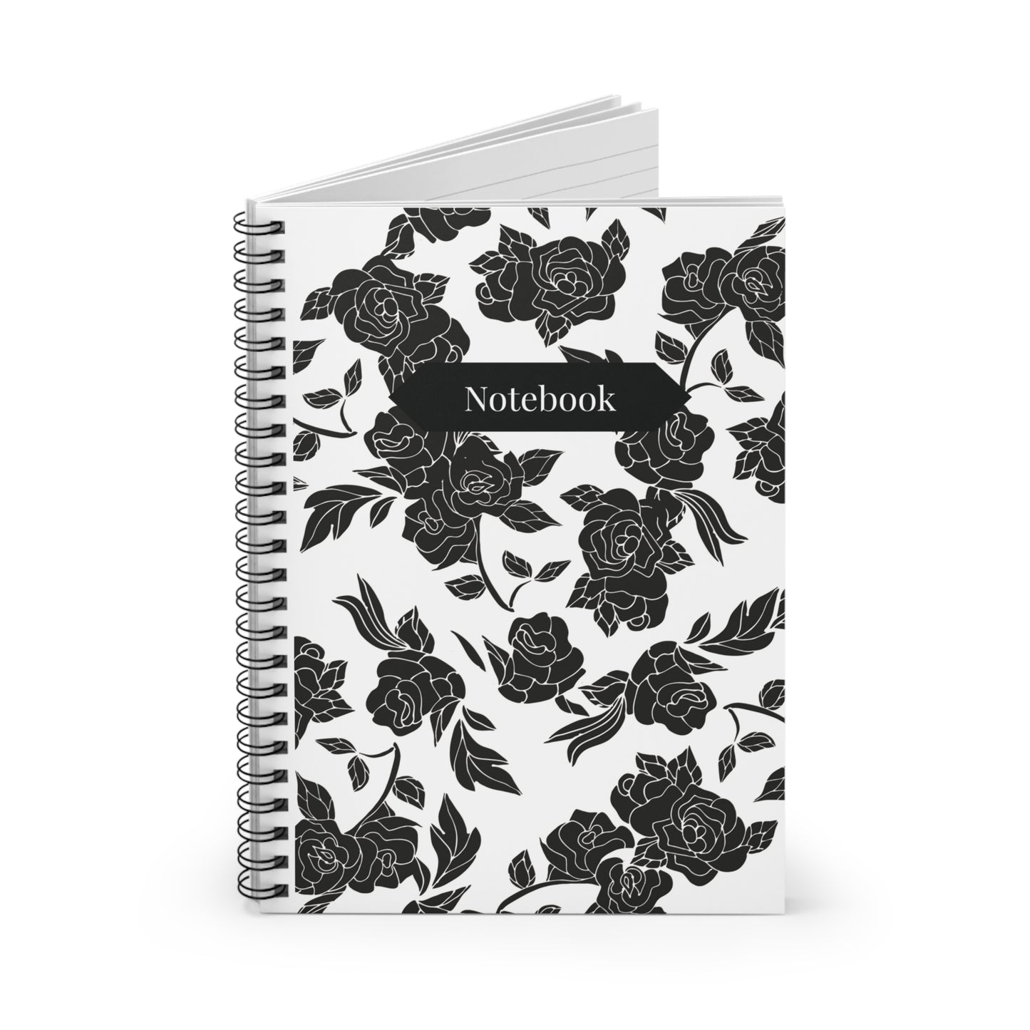 Notebook with black floral pattern on a white background