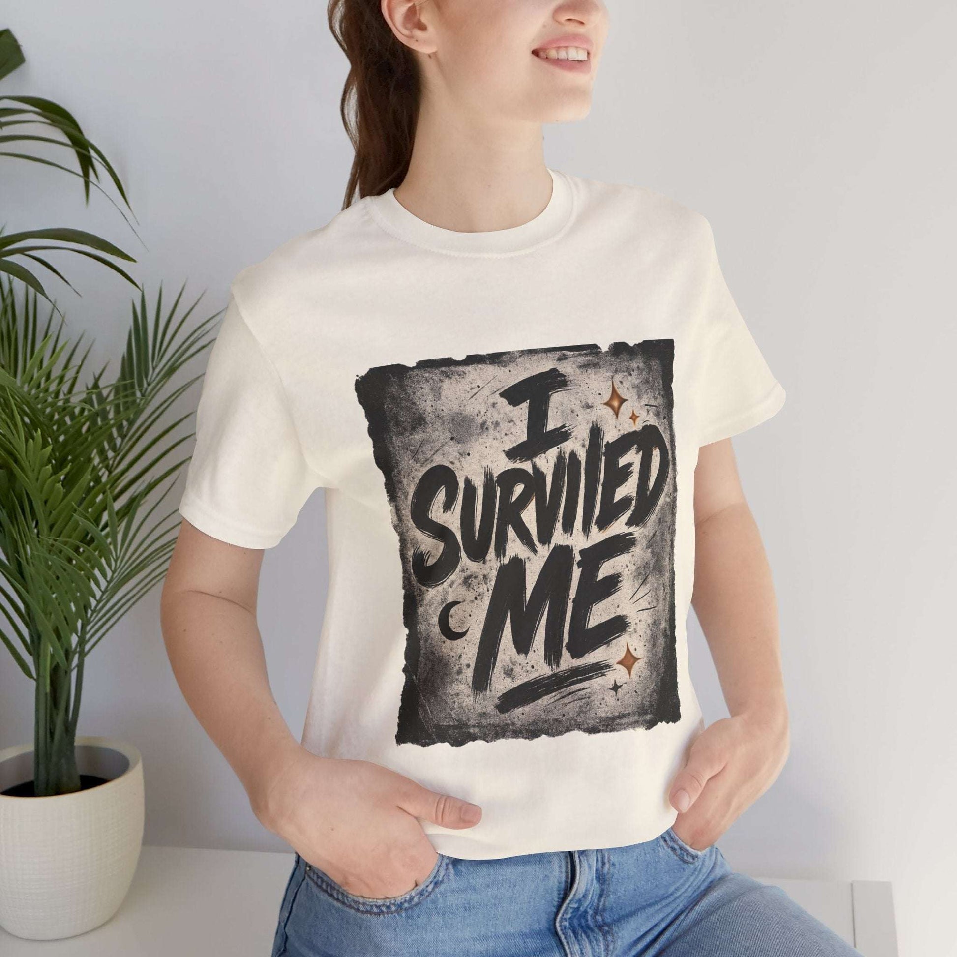 Woman wearing cream Survivor Grunge Graphic Tee with bold 'I Survived Me' print, perfect for empowerment and casual style.