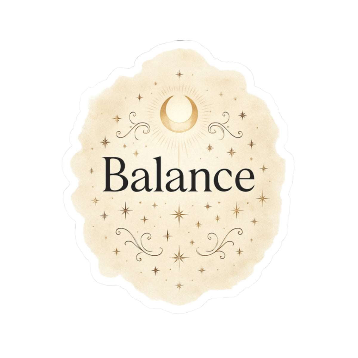 Balance themed round sticker placed on a neutral background, featuring elegant gold floral accents and inspirational typography.”