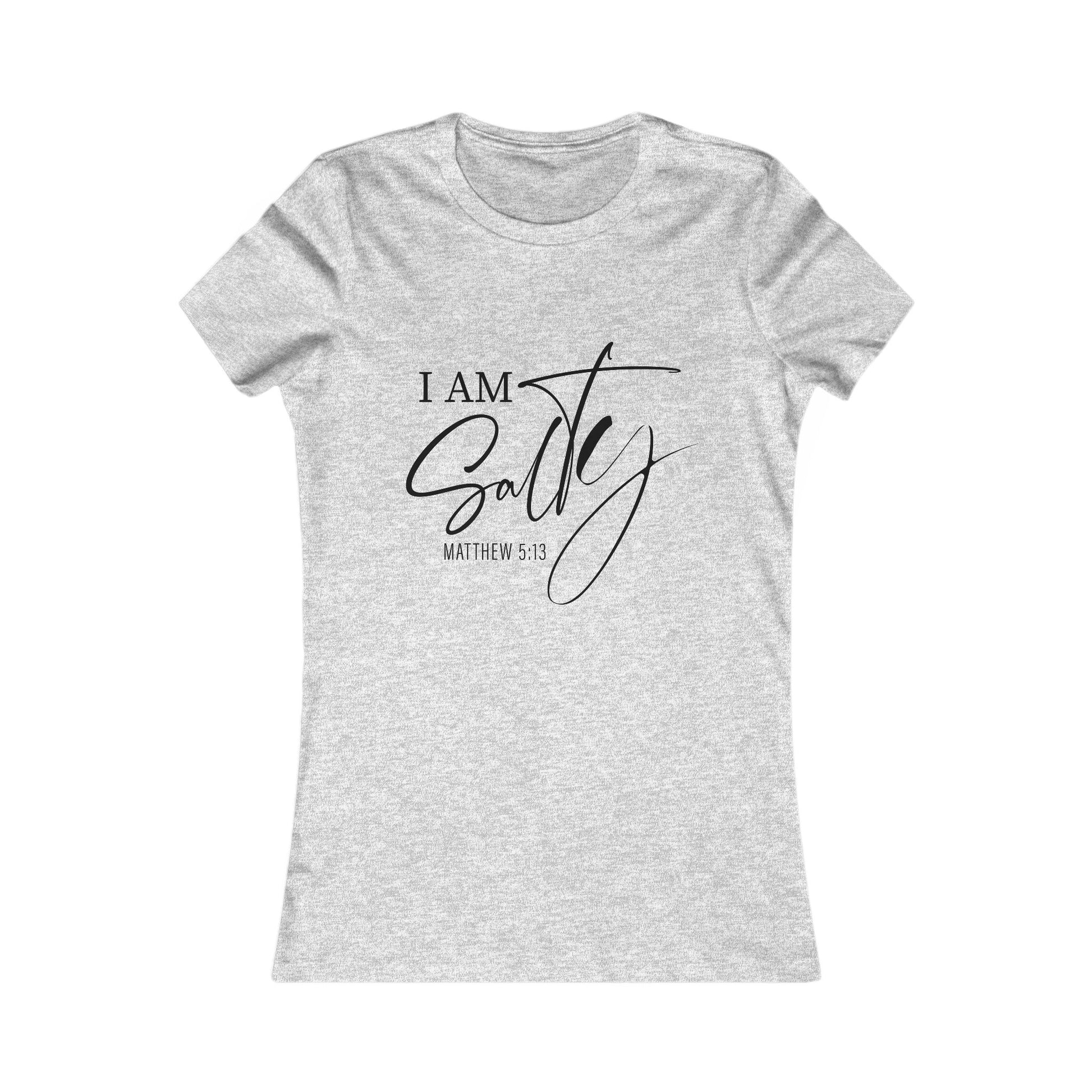 Heather gray women's tee featuring 'I Am Salty Matthew 5:13' design, a funny nautical shirt for casual coastal or cruise outfits.