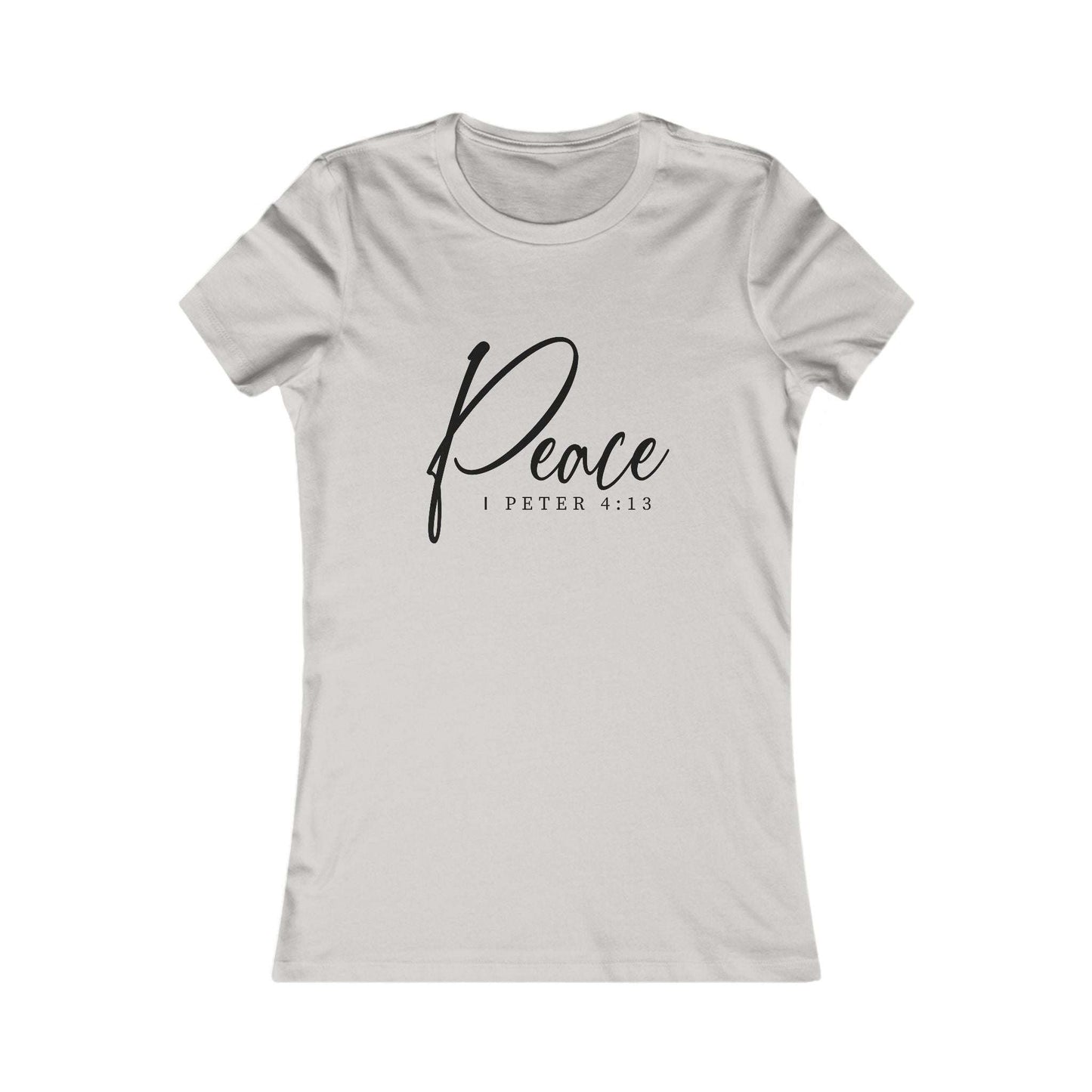 Light beige Peace 1 Peter 4:13 women's tee with minimalist black script, a stylish Christian shirt ideal for faith-filled everyday fashion.