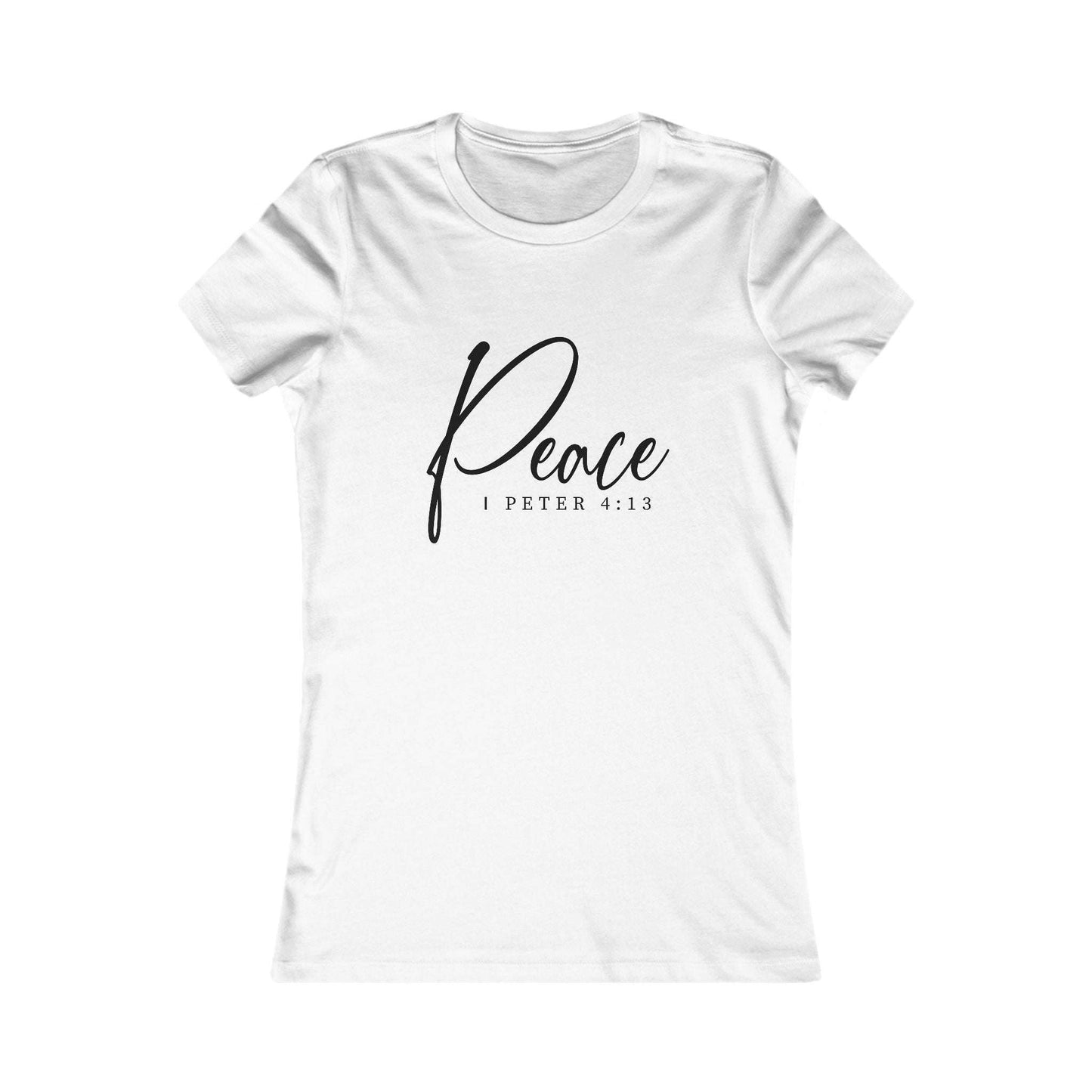 White Peace 1 Peter 4:13 women's tee featuring elegant black lettering, a Christian faith-based shirt perfect for church or casual outfits.