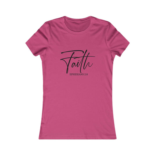Pink Faith Script Women’s Tee with 'Faith' and Ephesians 2:8 in black script, Christian inspirational shirt for women.
