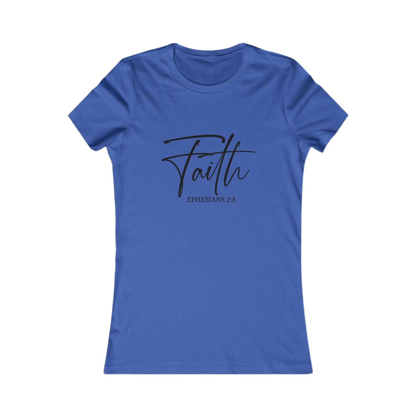 Royal blue Faith Script Women’s Tee with bold 'Faith' and Ephesians 2:8 design, Christian inspirational shirt for daily devotion wear.