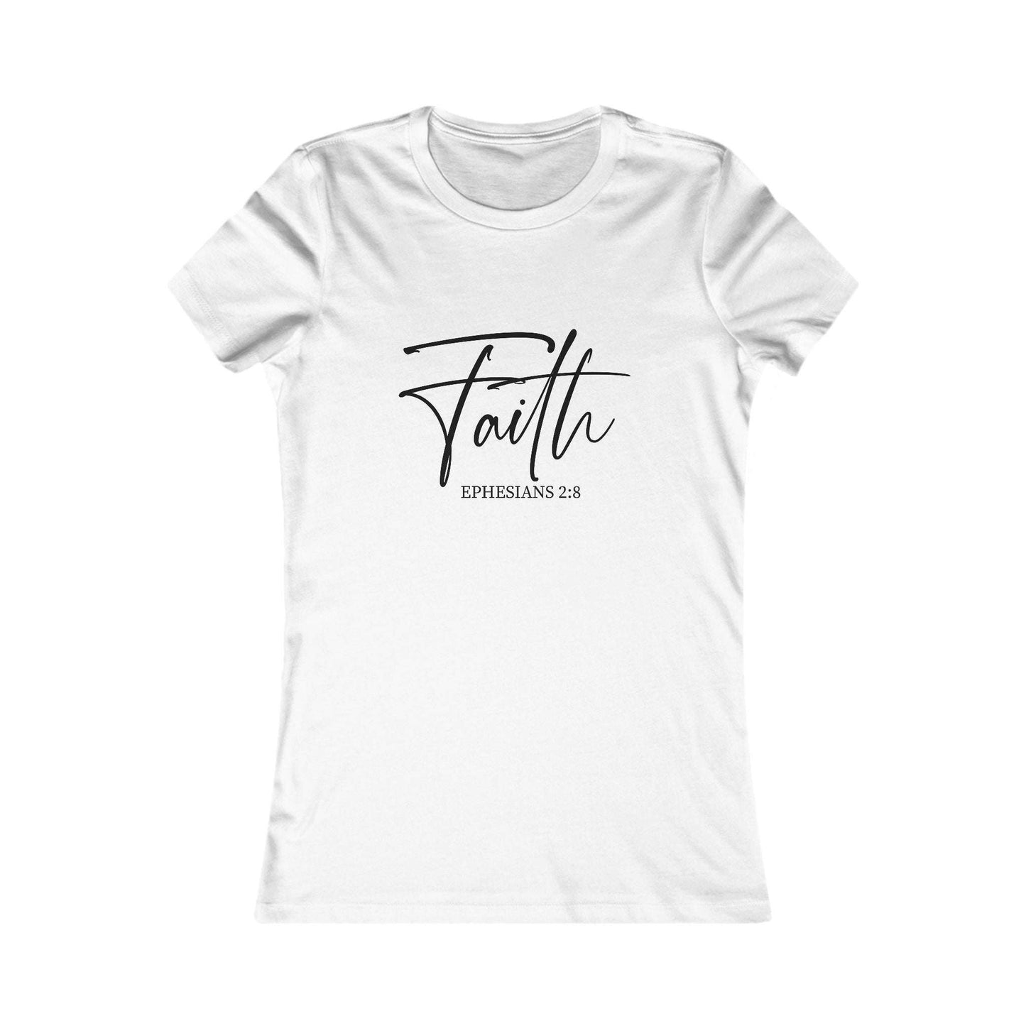 White Faith Script Women’s Tee featuring elegant 'Faith' lettering and Ephesians 2:8 Bible verse, ideal for Christian apparel lovers.