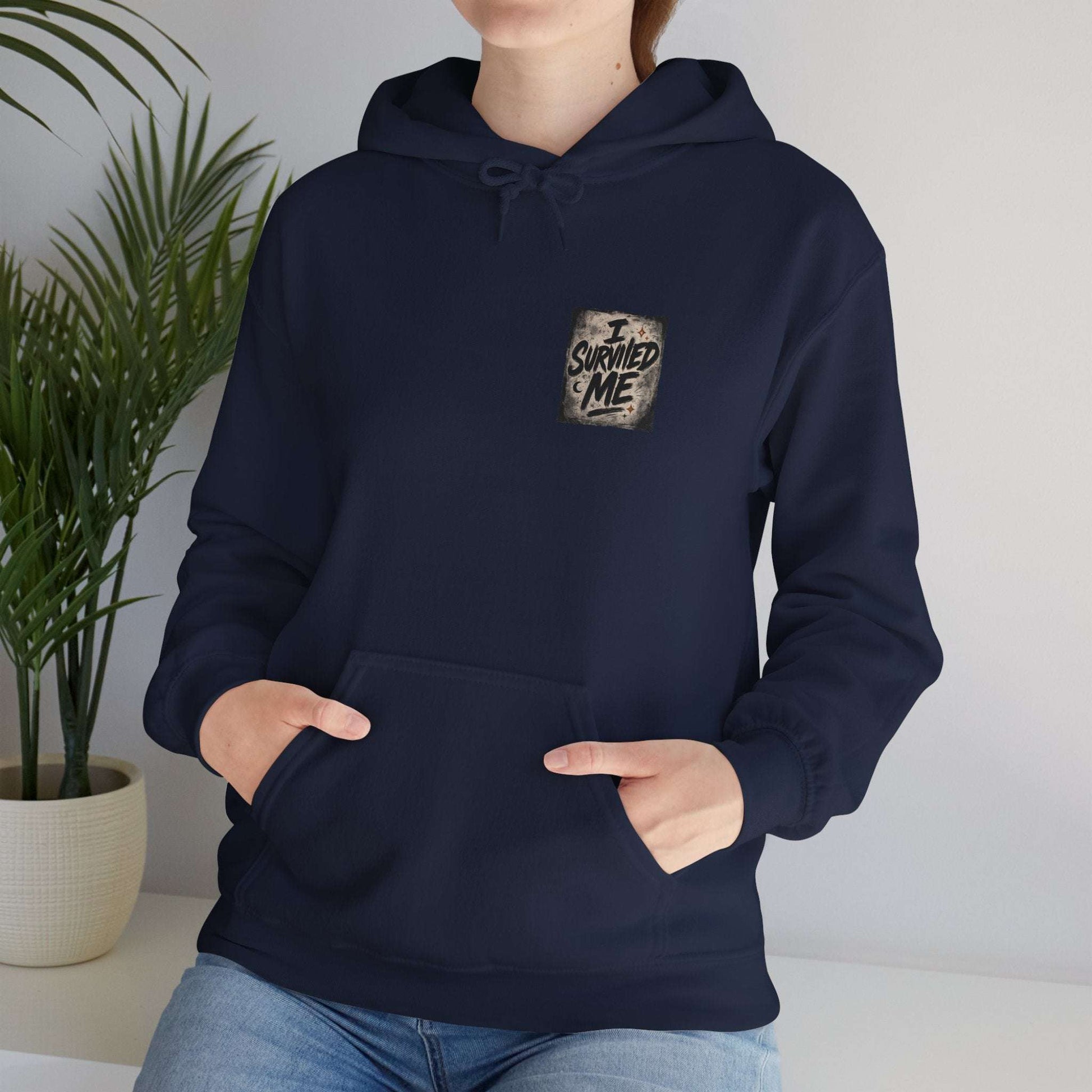 Navy blue I Survived Me Hoodie with grunge survival quote, unisex fit and front pocket, ideal for casual streetwear and mental health support.