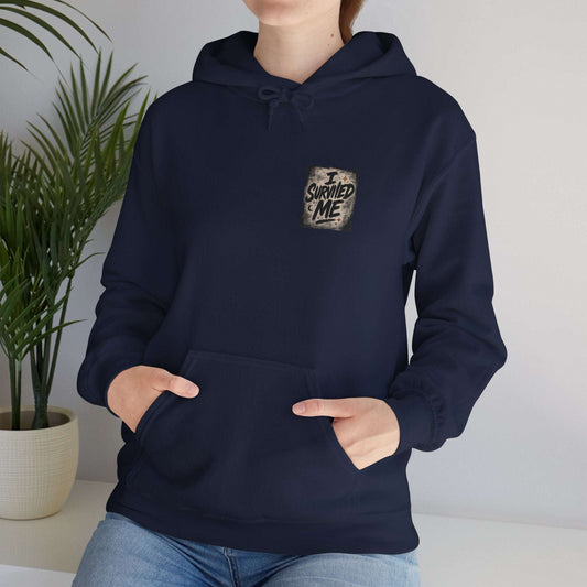 Navy blue I Survived Me Hoodie with grunge survival quote, unisex fit and front pocket, ideal for casual streetwear and mental health support.