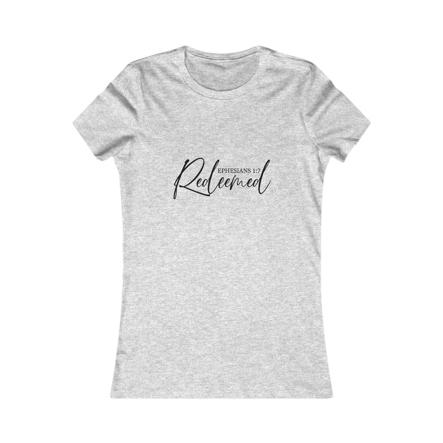 Heather gray Redeemed Script Christian T-Shirt for women featuring Ephesians 1:7. A perfect spiritual gift and Sunday outfit choice.
