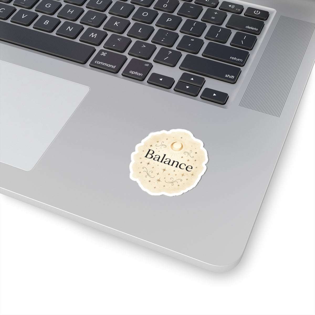 Balance themed round sticker placed on a neutral background, featuring elegant gold floral accents and inspirational typography.”