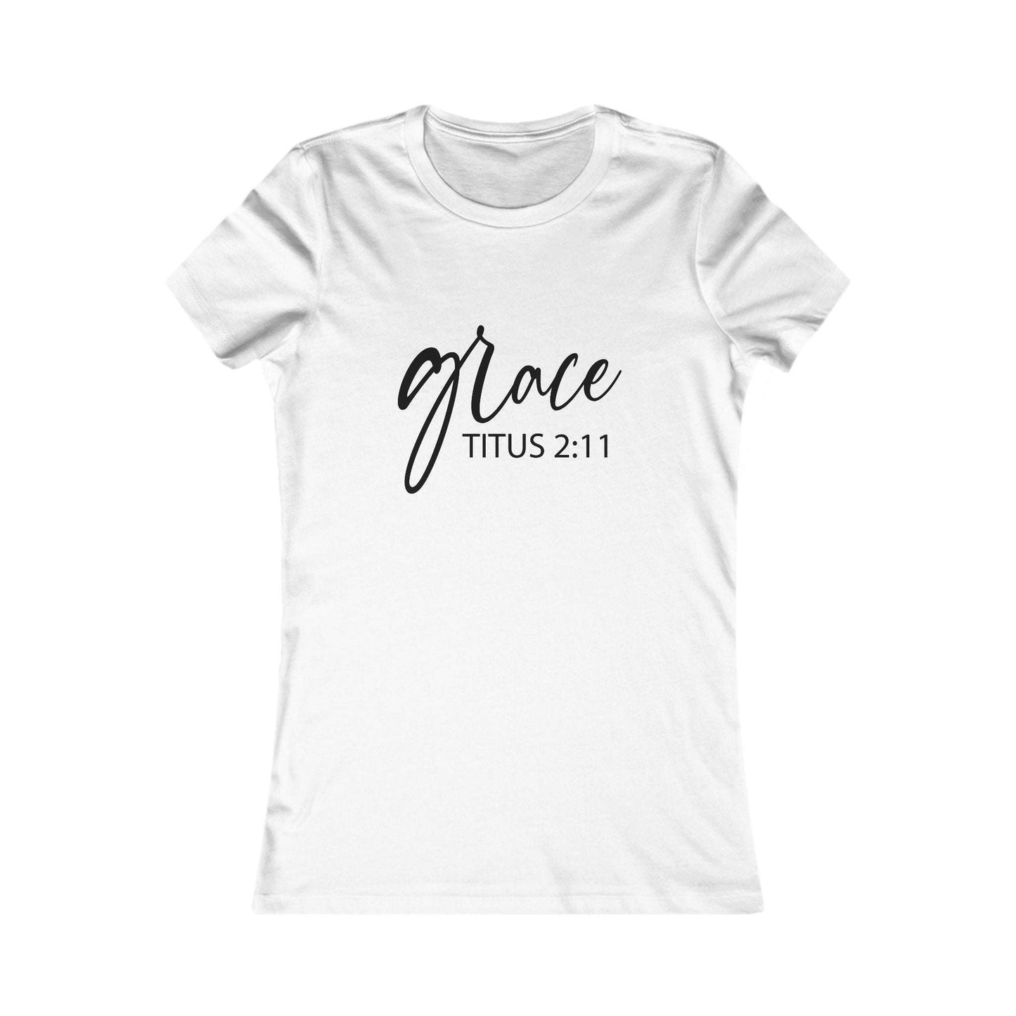 Grace Titus 2:11 Women’s Tee in white featuring elegant black lettering, lightweight Christian shirt ideal for Bible study and church wear.