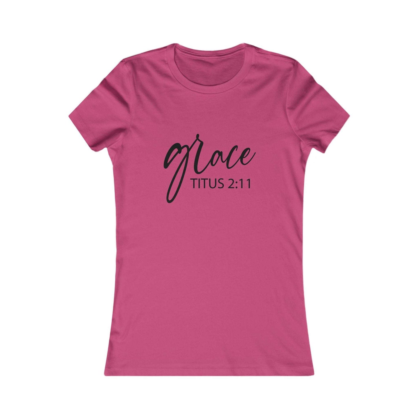 Grace Titus 2:11 Women’s Tee in pink with black script, inspirational Christian t-shirt for women, ideal for church, ministry, or gifting.