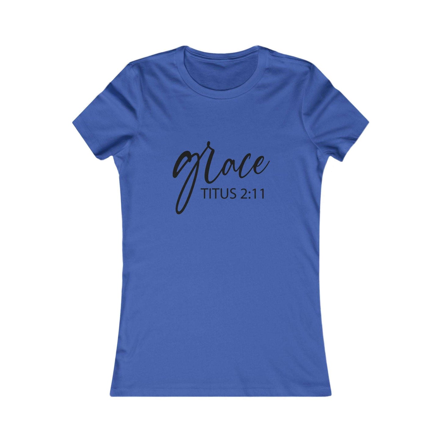 Grace Titus 2:11 Women’s Tee in royal blue with bold black lettering, Christian faith shirt designed for women seeking stylish spiritual apparel.