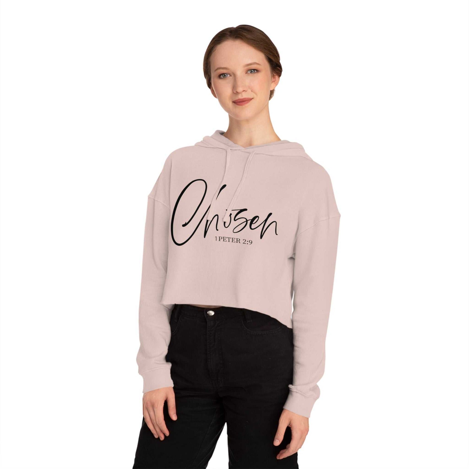 Faith-Inspired Cropped Sweatshirt — "Choosen" with 1 Peter 2:9 - Dream Studio Prints