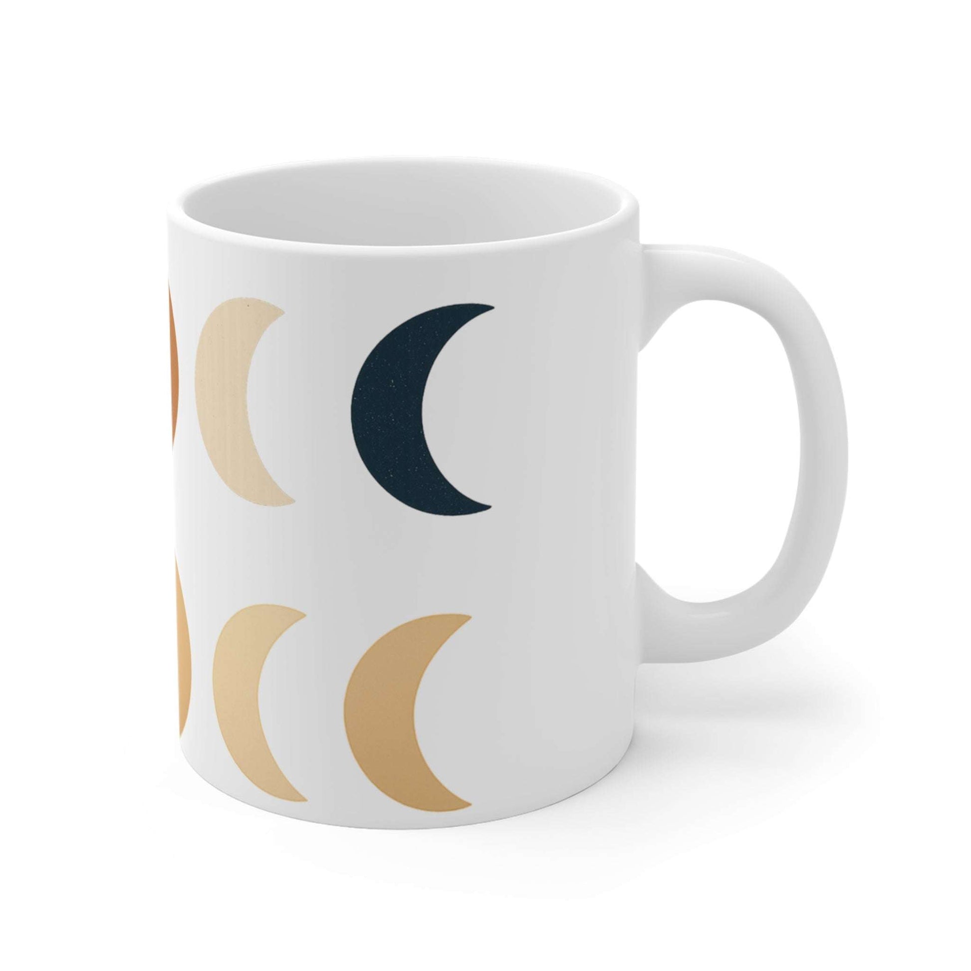 Bohemian-style 11oz ceramic mug with lunar phase art in soft earth tones, ideal for moon lovers and celestial-themed kitchen essentials.
