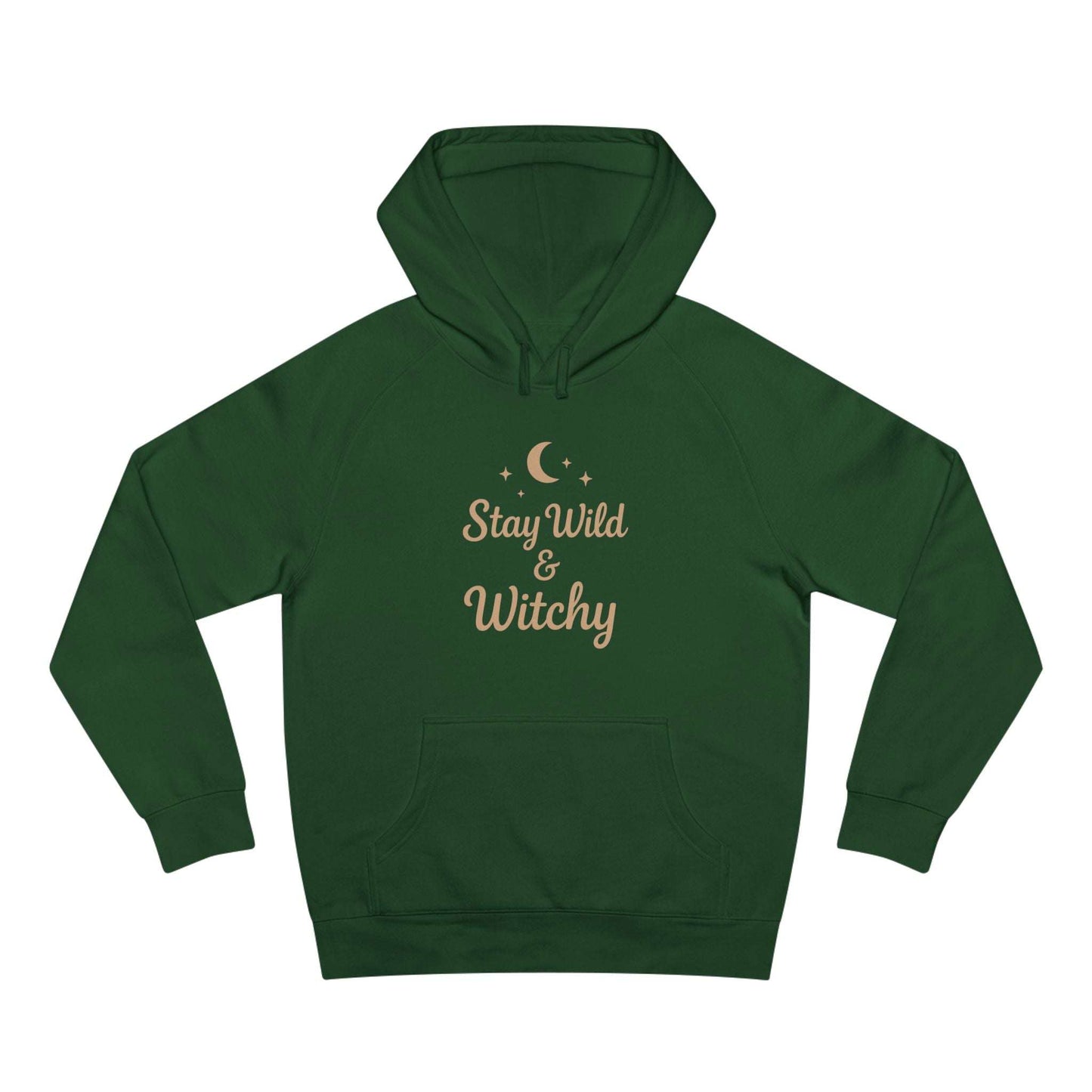 Green Witchy Supply Hoodie with magical 'Stay Wild & Witchy' design, ideal for boho and festival-inspired casual wear.
