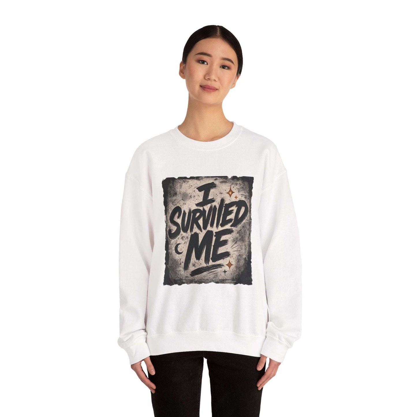 White Survived Me Sweatshirt worn by model, featuring bold grunge message for empowering and stylish comfort wear.