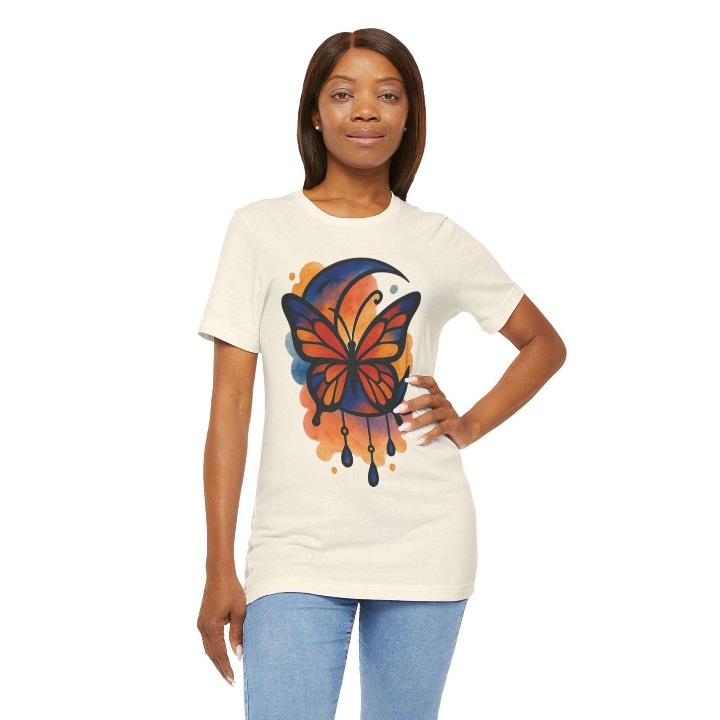 Woman wearing a white t-shirt with a colorful butterfly design on a white background