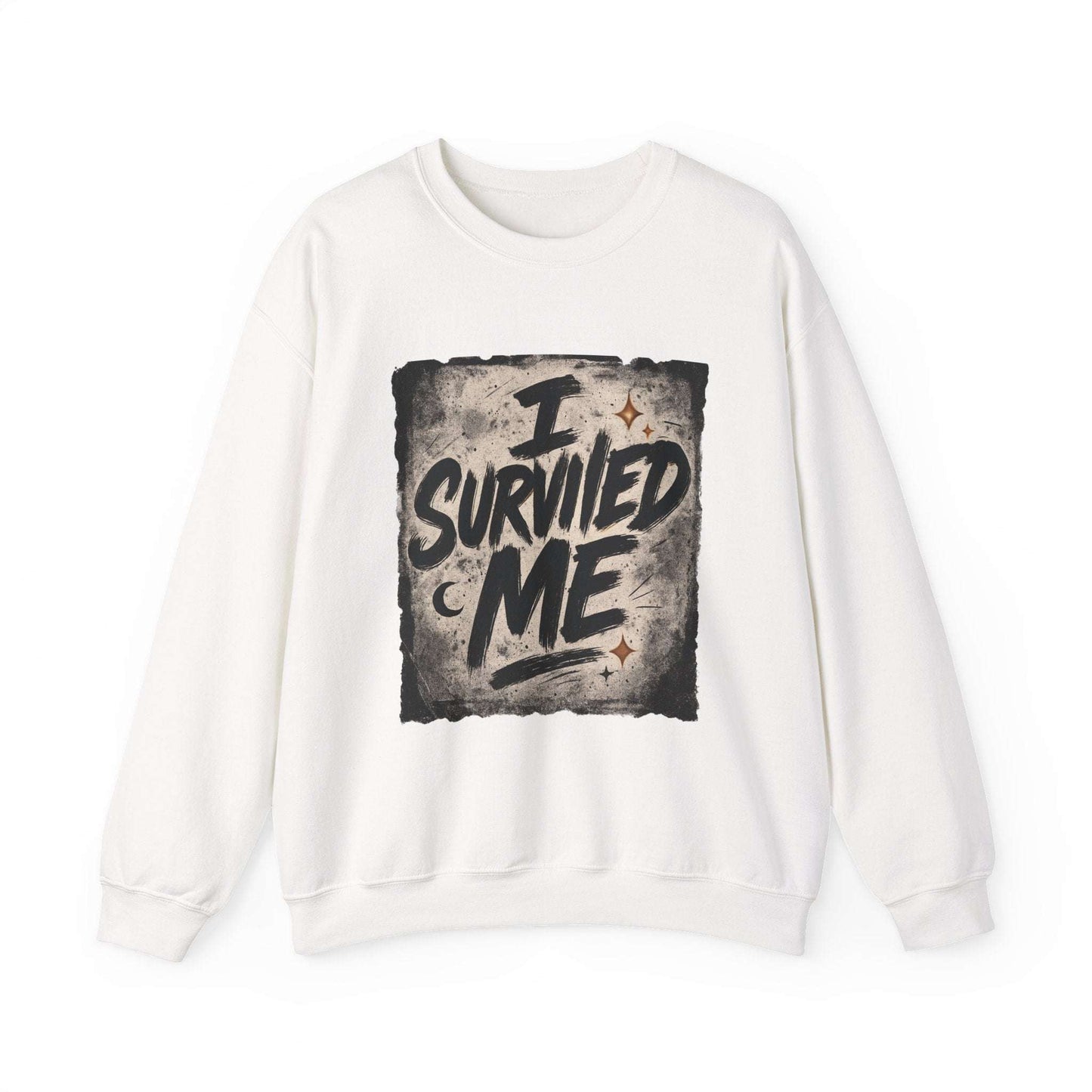 White Survived Me Sweatshirt with distressed grunge print, ideal for motivational and self-love apparel collections.