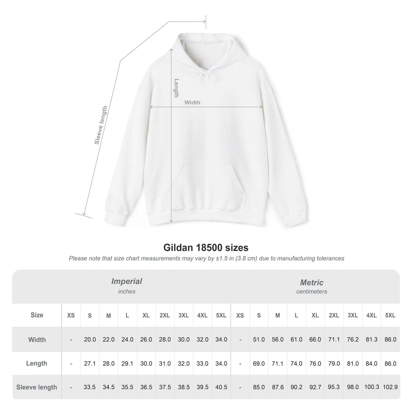 Gildan 18500 hoodie size chart in inches and centimeters, showing width, length, and sleeve length for XS to 5XL unisex hoodie sizing.