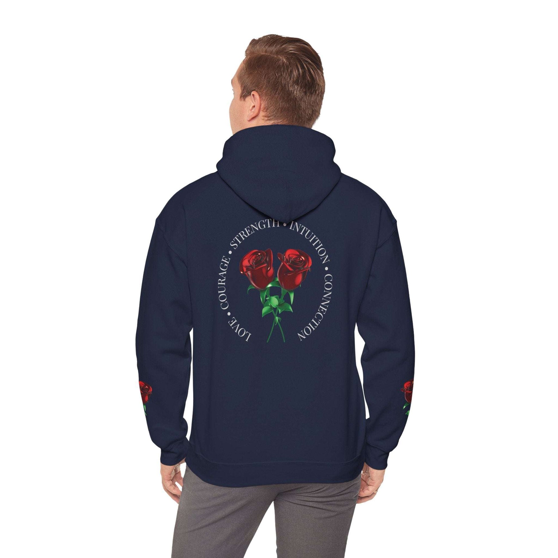 Navy hoodie with red roses and text on the back, worn by a person.