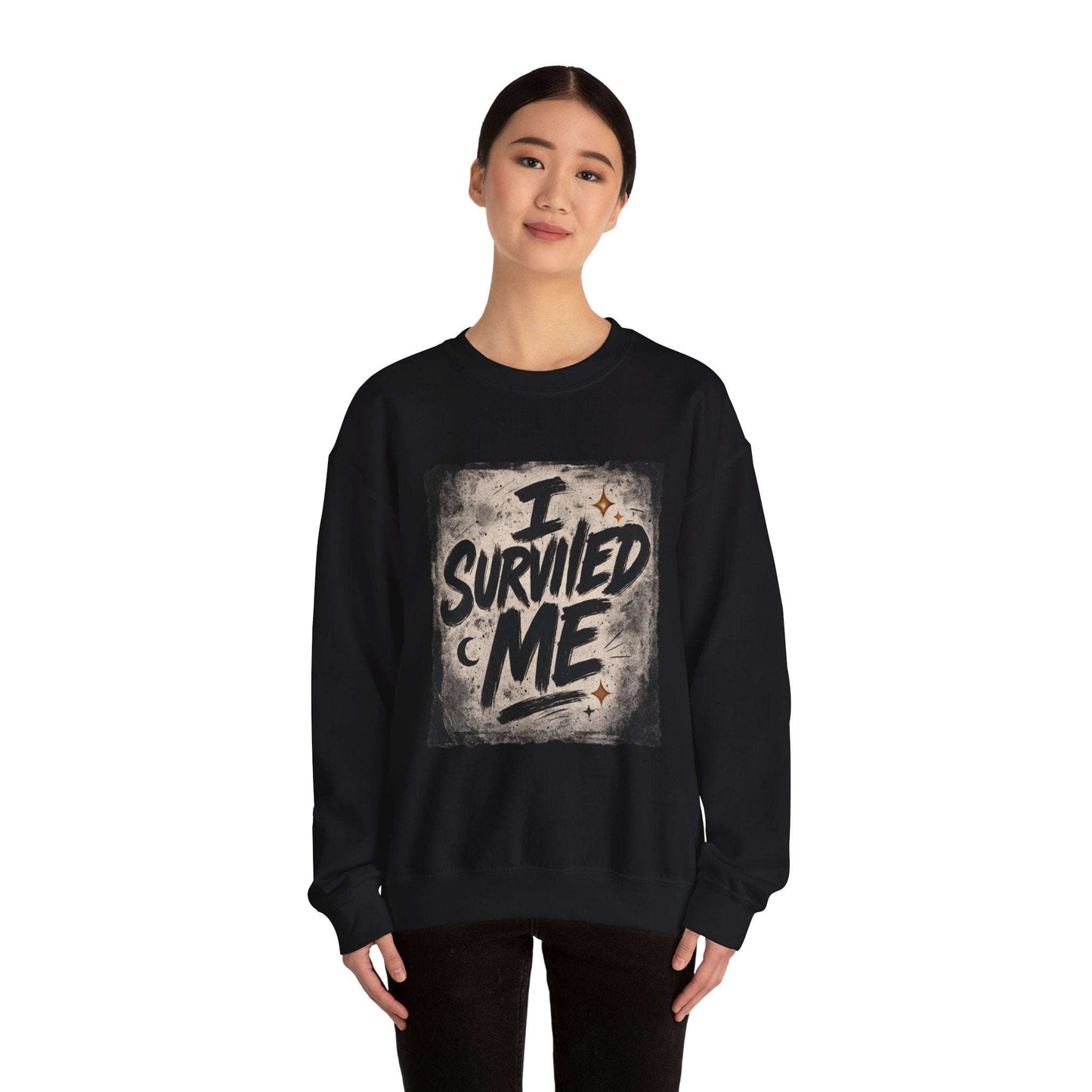 Black Survived Me Sweatshirt worn by model, showcasing bold grunge typography for inspirational streetwear style.