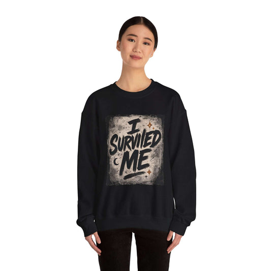 Black Survived Me Sweatshirt worn by model, showcasing bold grunge typography for inspirational streetwear style.