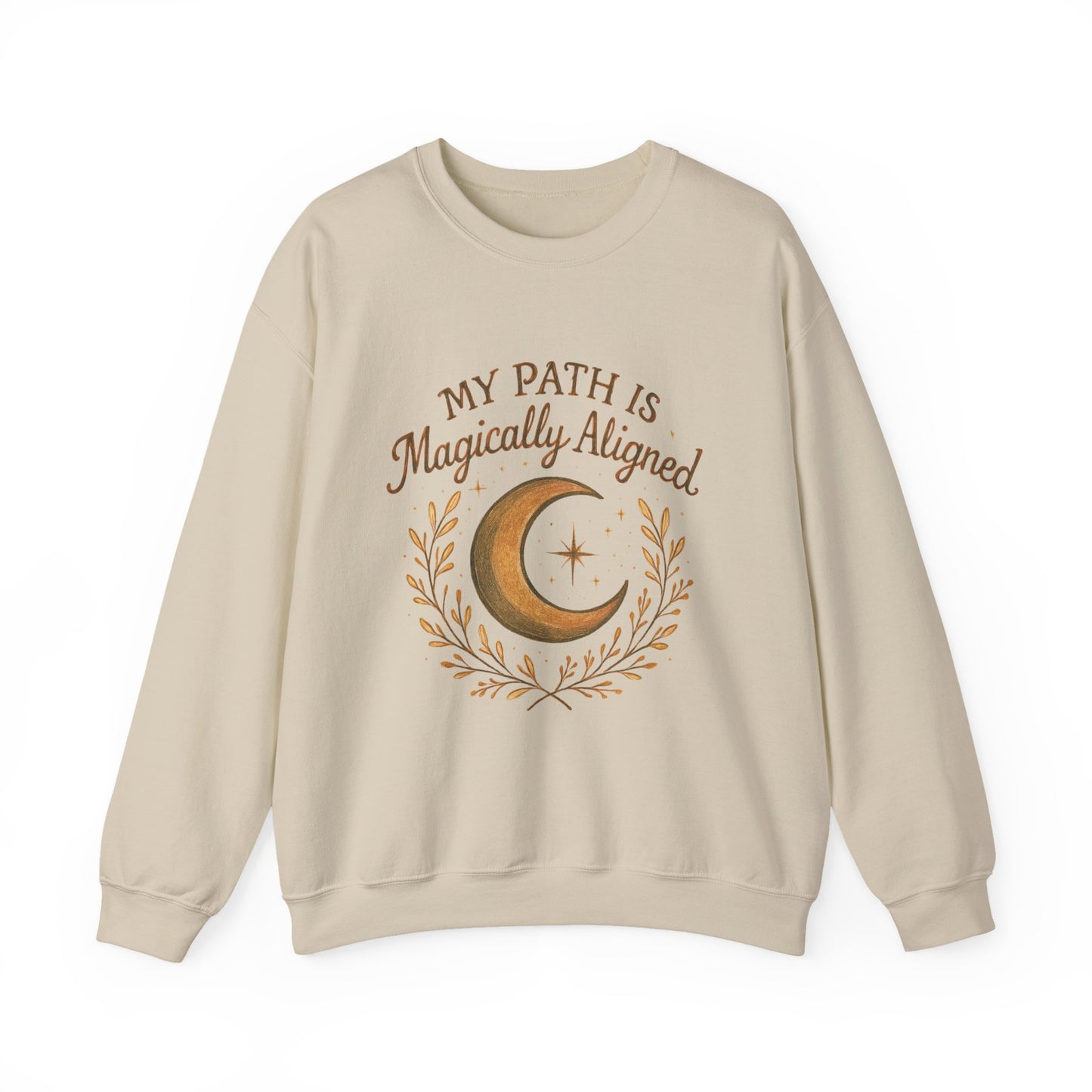 Flat lay of beige My Path Is Magically Aligned Crescent Moon Sweatshirt with mystical moon and stars graphic for spiritual apparel lovers.