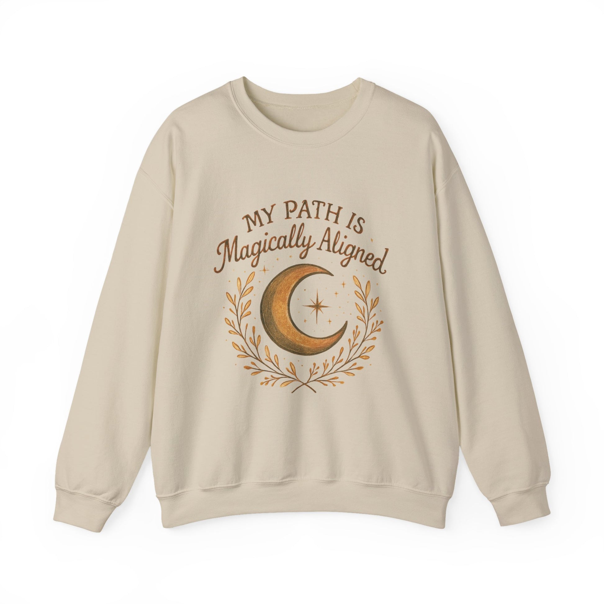 Flat lay of beige My Path Is Magically Aligned Crescent Moon Sweatshirt with mystical moon and stars graphic for spiritual apparel lovers.