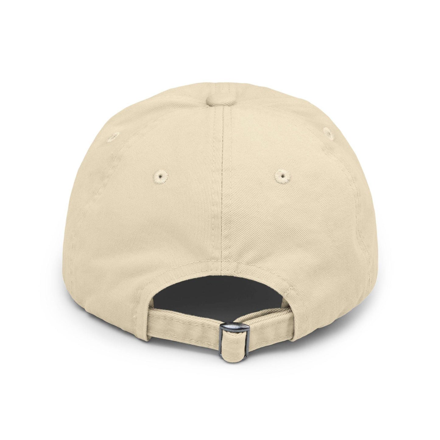 Back view of beige Grace > Chaos Embroidered Distressed Cap showing adjustable strap and breathable eyelets, ideal for everyday wear.