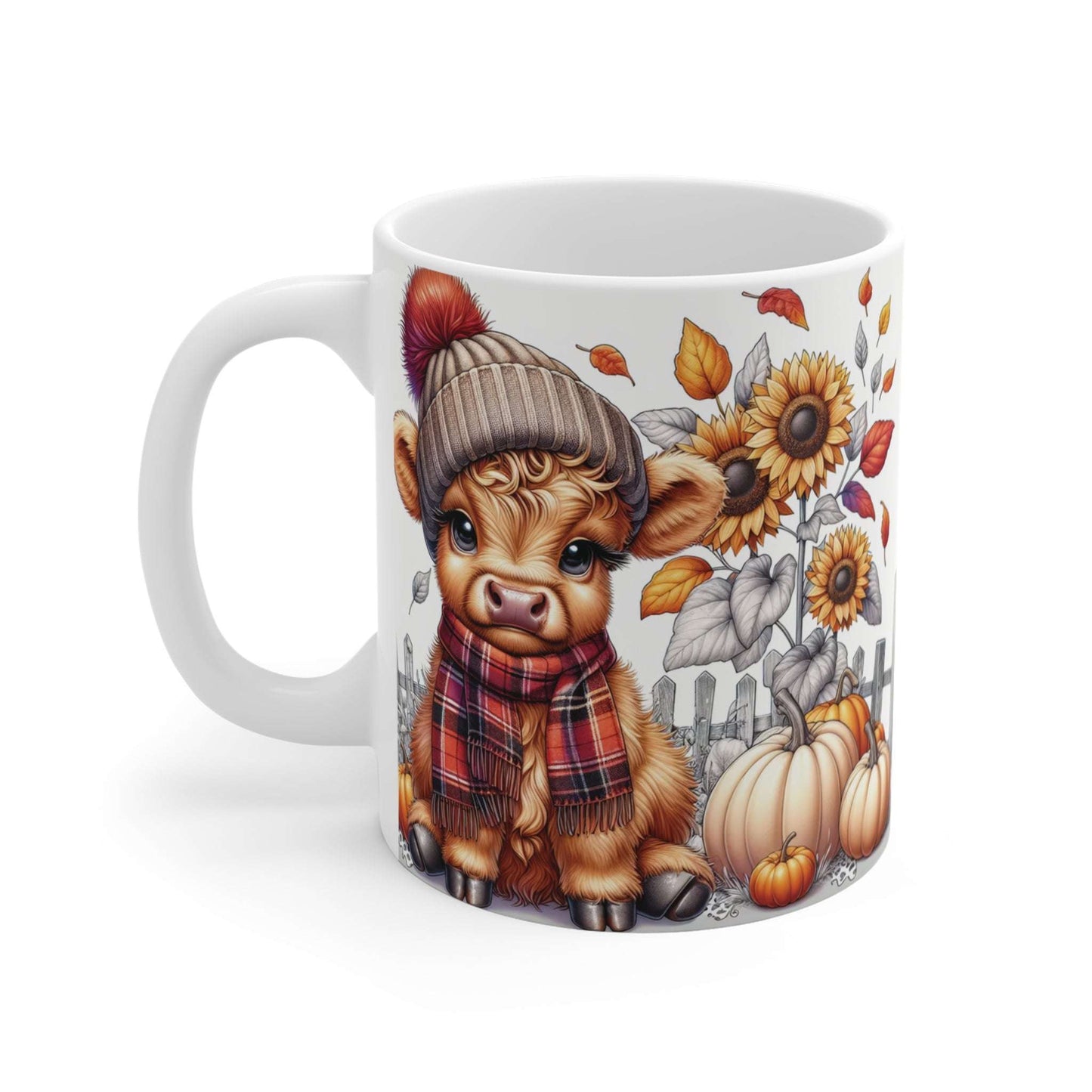 Mug with a cute animal design featuring a hat, scarf, and autumn elements on a white background.