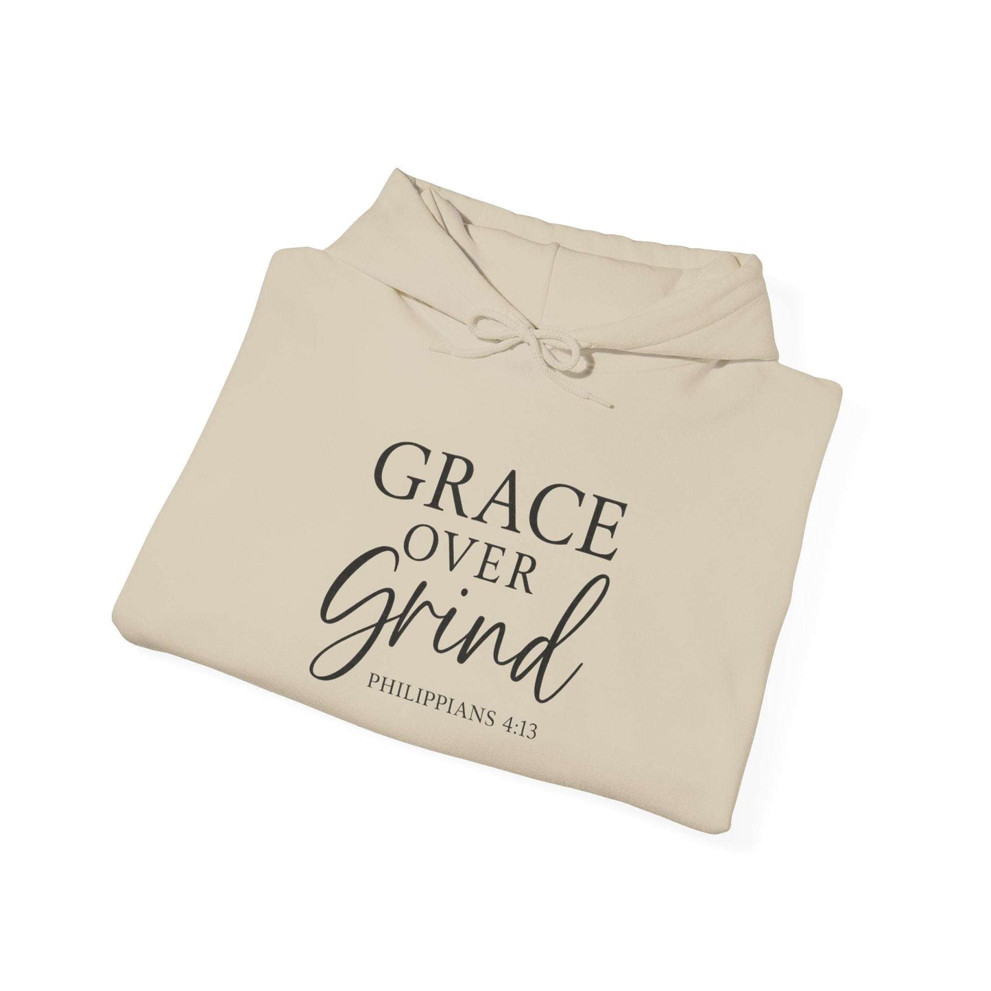 Grace Over Grind Christian hoodie in beige folded display