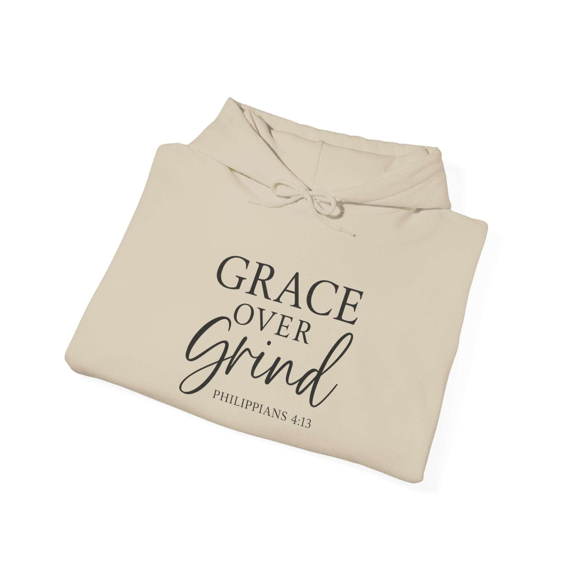 Grace Over Grind Christian hoodie in beige folded display