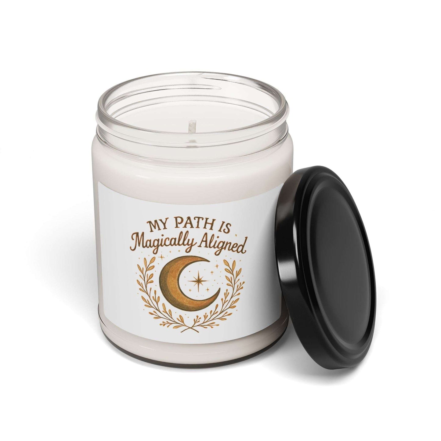 Open Magically Aligned 9oz Soy Candle — Moon & Stars Scented Jar with black lid beside it, showcasing celestial design for witchy home decor and crystal altars.