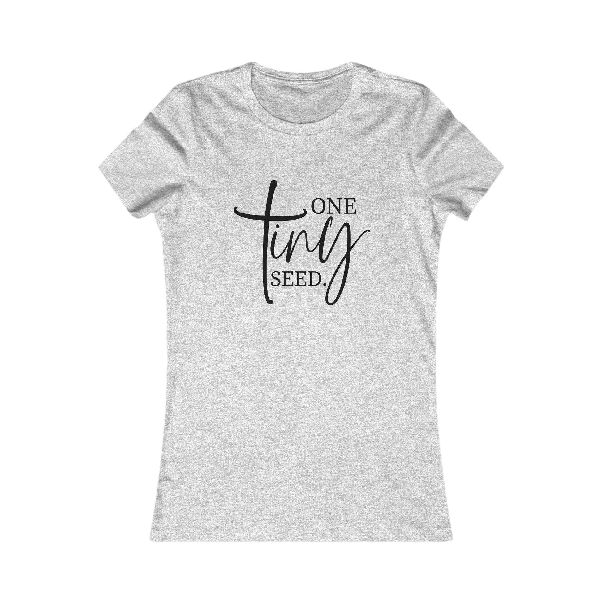 Heather gray One Tiny Seed women's tee with black faith-based graphic, slim-fit Christian shirt for women seeking stylish religious apparel.
