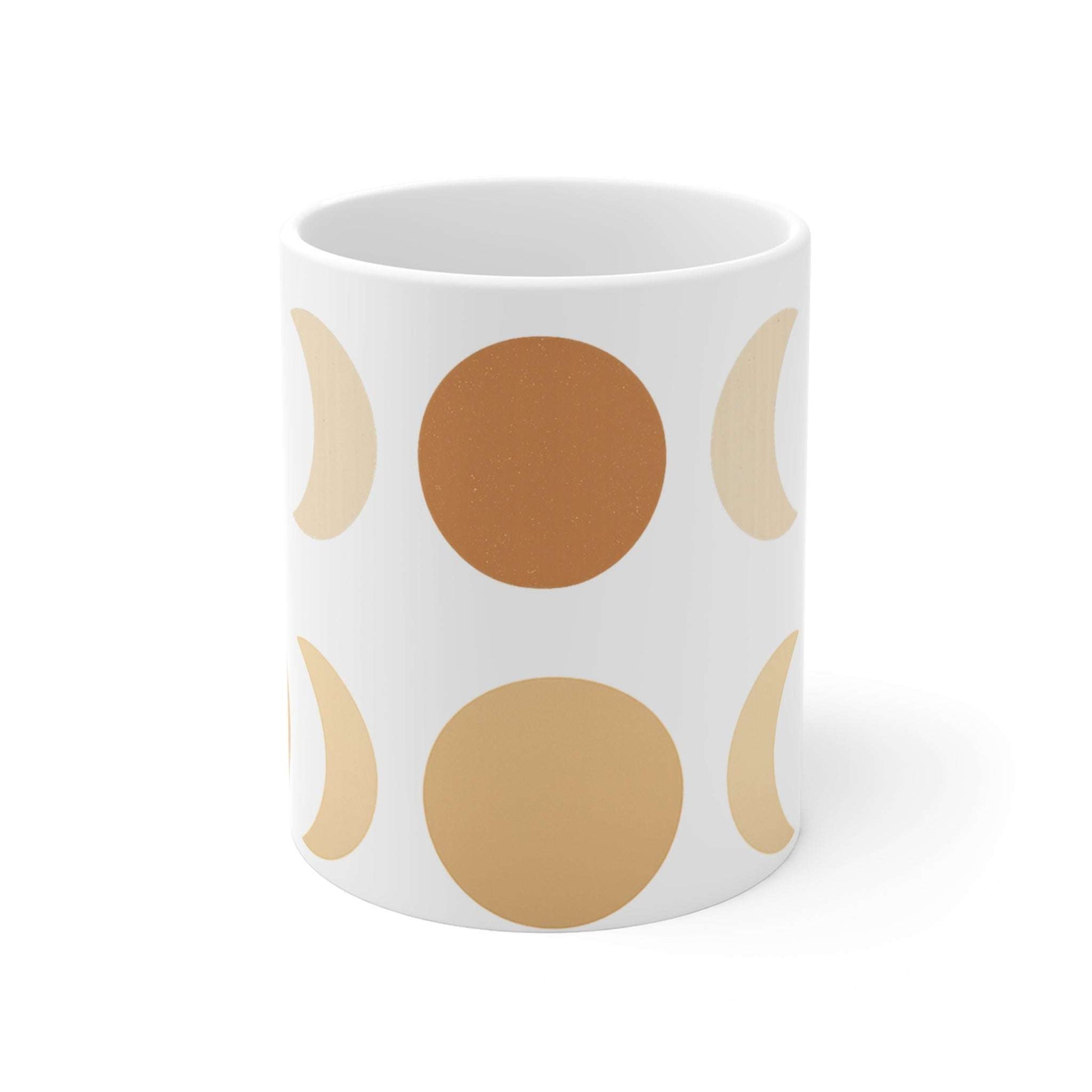 11oz Boho Moon Phase Mug featuring full and crescent moon phases in warm earth tones, ideal for bohemian kitchen decor and celestial drinkware lovers.