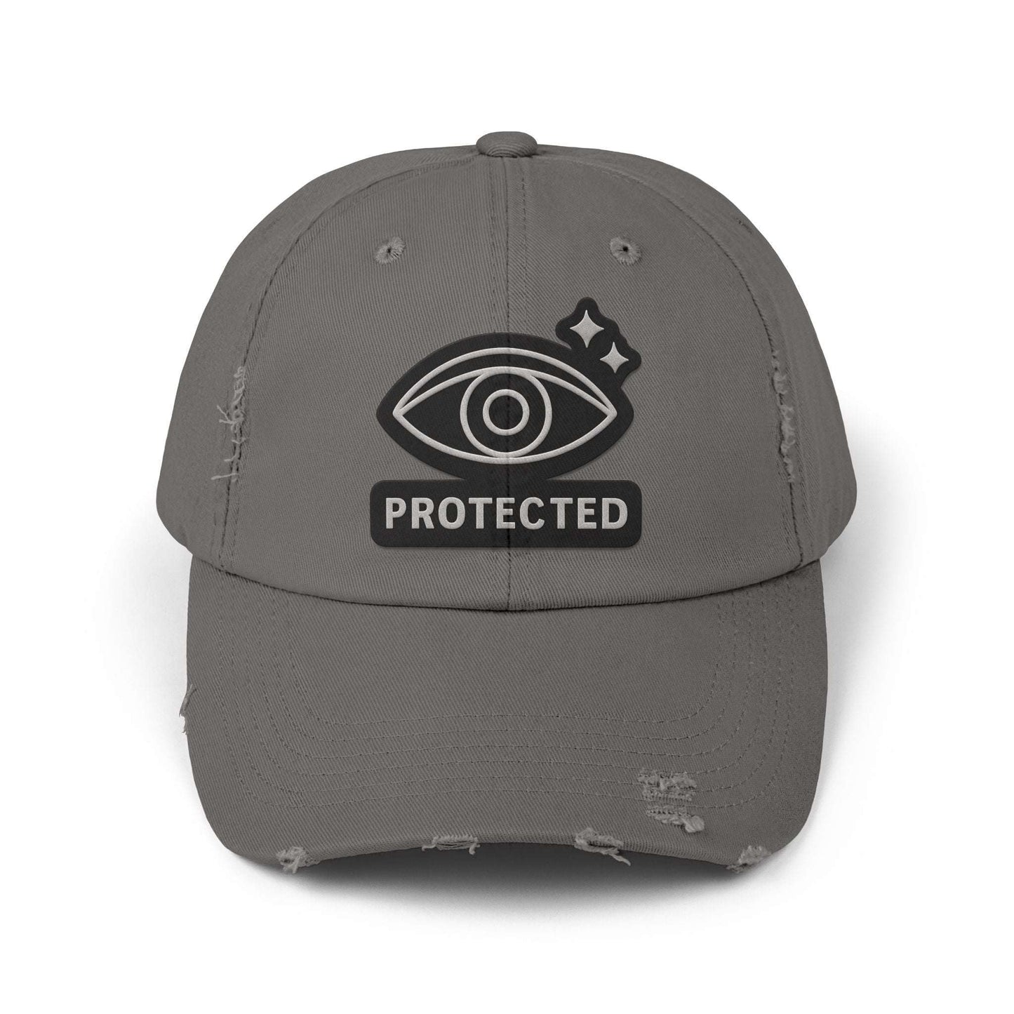 Charcoal gray Protected Eye Distressed Dad Hat with embroidered eye graphic. Urban unisex cap with frayed detailing.