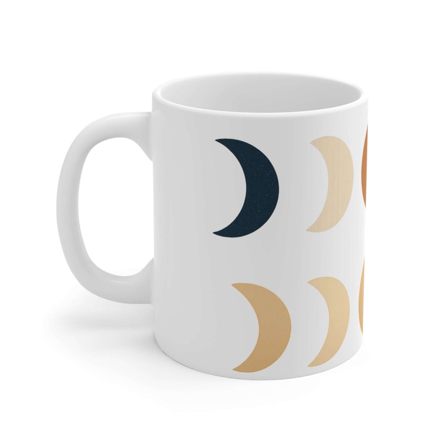 Neutral Earth Lunar Design Ceramic Cup with boho moon phases in beige and black, perfect for coffee or tea in a minimalist kitchen or home office.