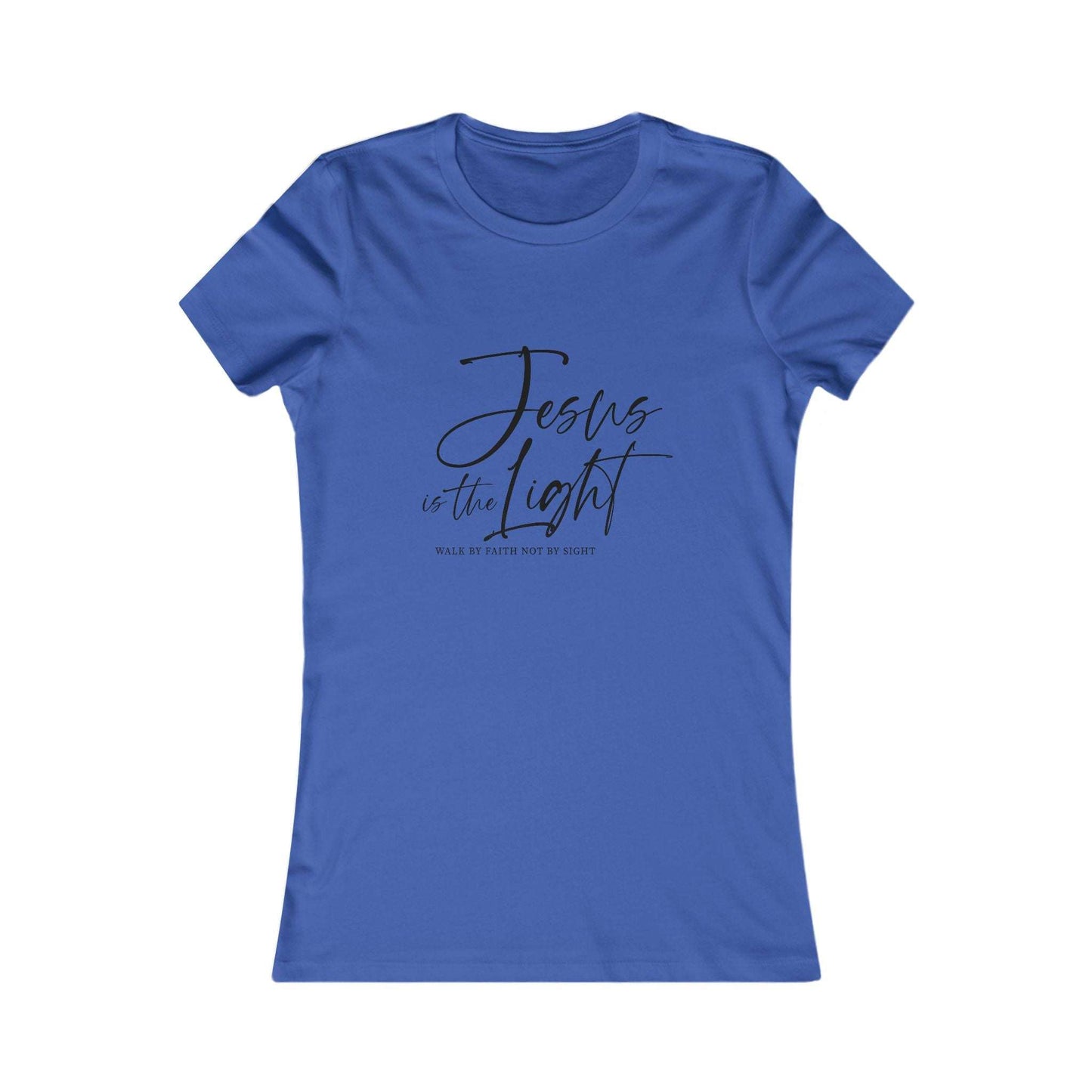 Royal blue Jesus Is the Light Women’s Tee with black script text, Christian faith shirt ideal for church or casual wear.
