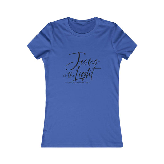 Royal blue Jesus Is the Light Women’s Tee with black script text, Christian faith shirt ideal for church or casual wear.