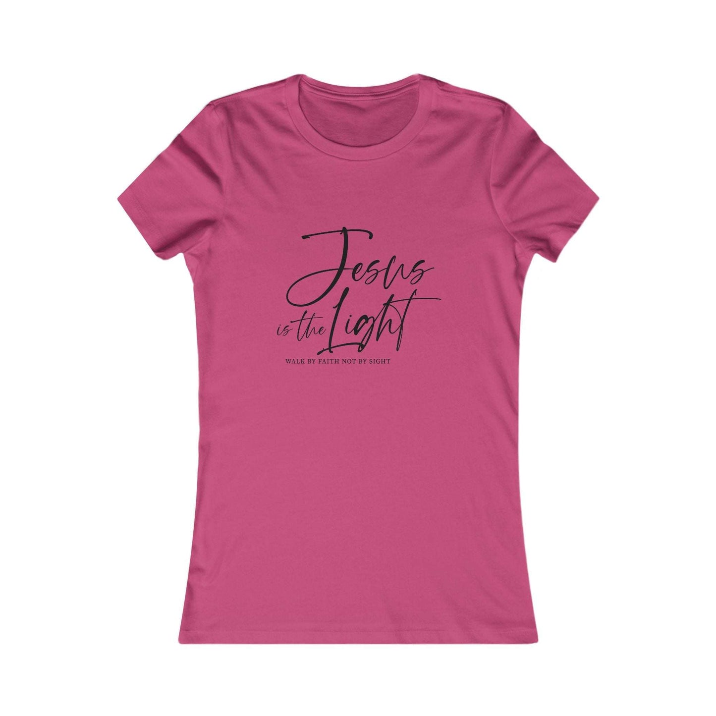 Pink Jesus Is the Light Women’s Tee with black faith message, uplifting Christian gift for her or Sunday outfit.