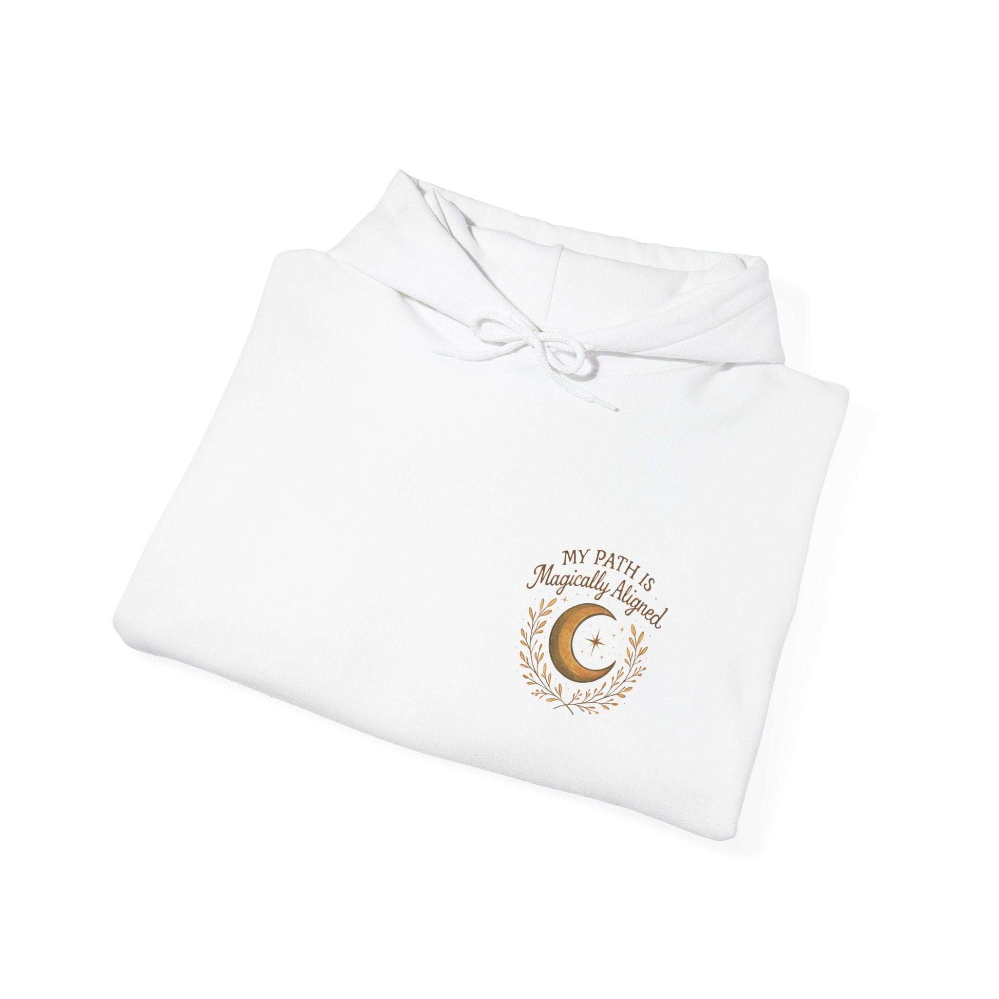 Folded white Aligned Path Moon Hoodie with celestial design and spiritual message, a thoughtful gift for yoga or meditation lovers.