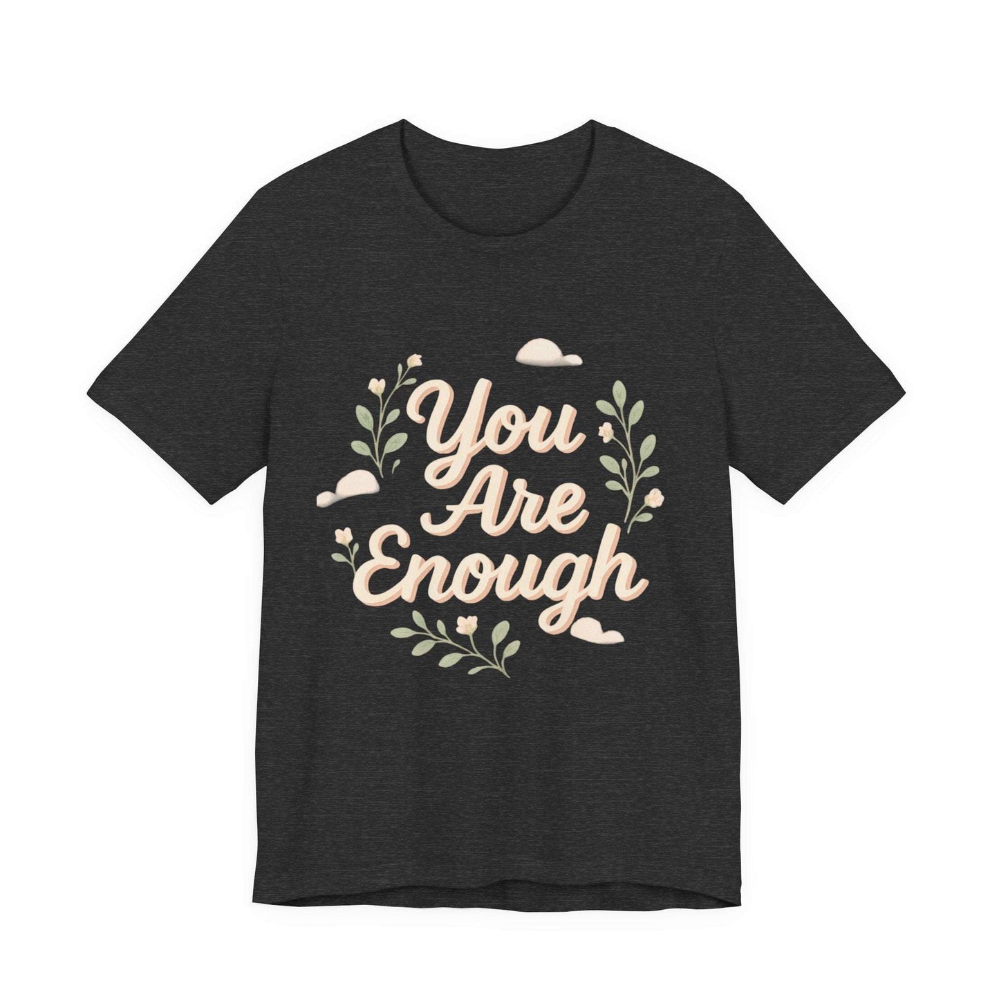 Black heather Floral Tee You Are Enough Unisex Jersey with soft pastel print and positive message, great for casual looks.
