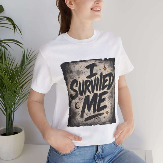 Woman wearing white Survivor Grunge Graphic Tee with bold 'I Survived Me' text, ideal for mental health awareness and empowerment.